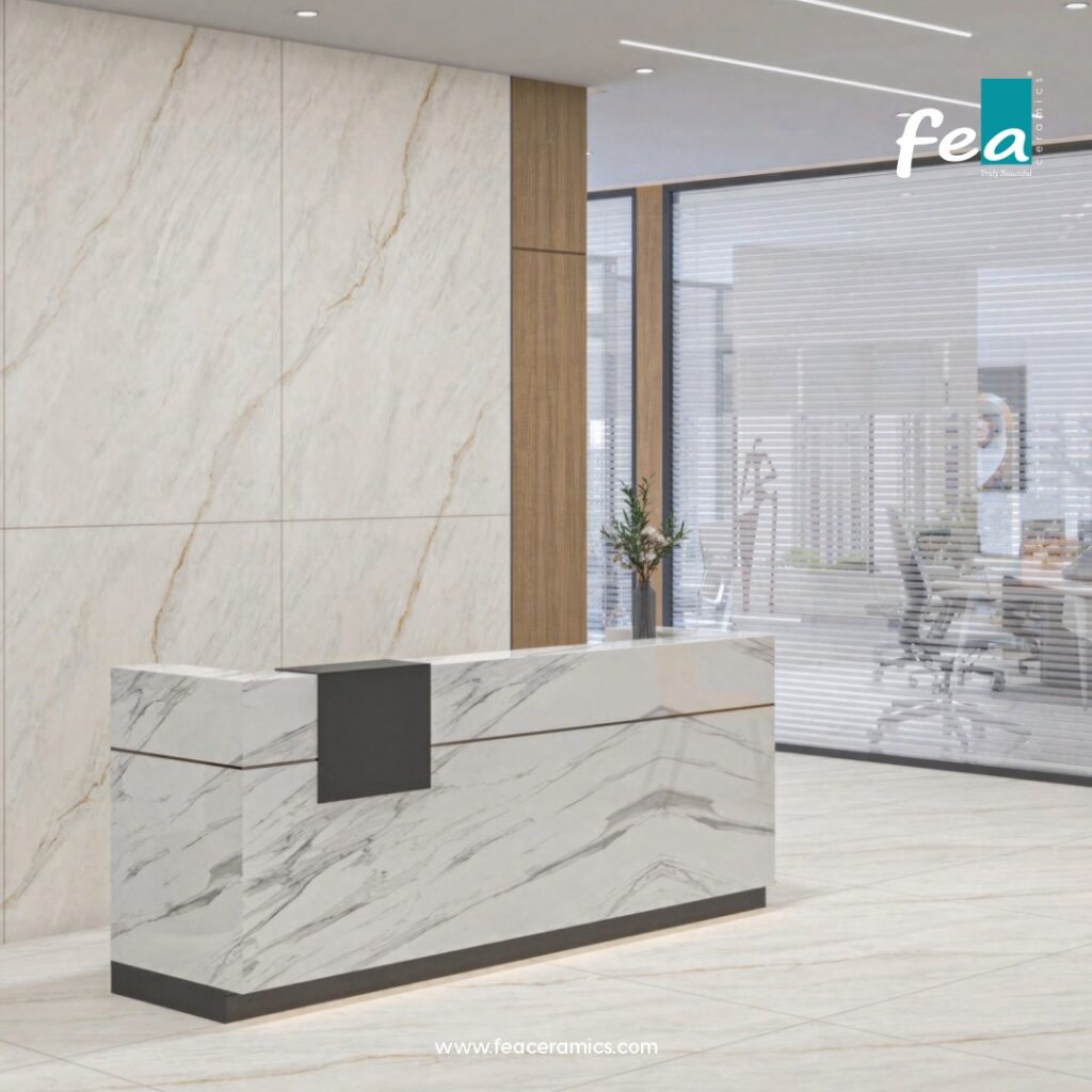 Luxury slab porcelain tiles by FEA Ceramics with modern marble-inspired designs.