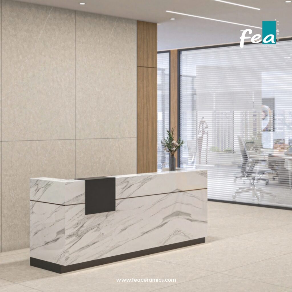 Luxury slab porcelain tiles by FEA Ceramics with modern marble-inspired designs.