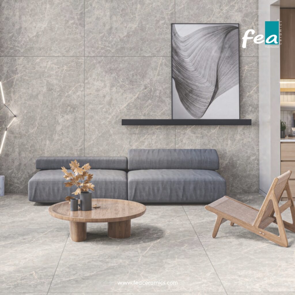 Minimalist slab porcelain tiles from FEA Ceramics for modern living spaces.