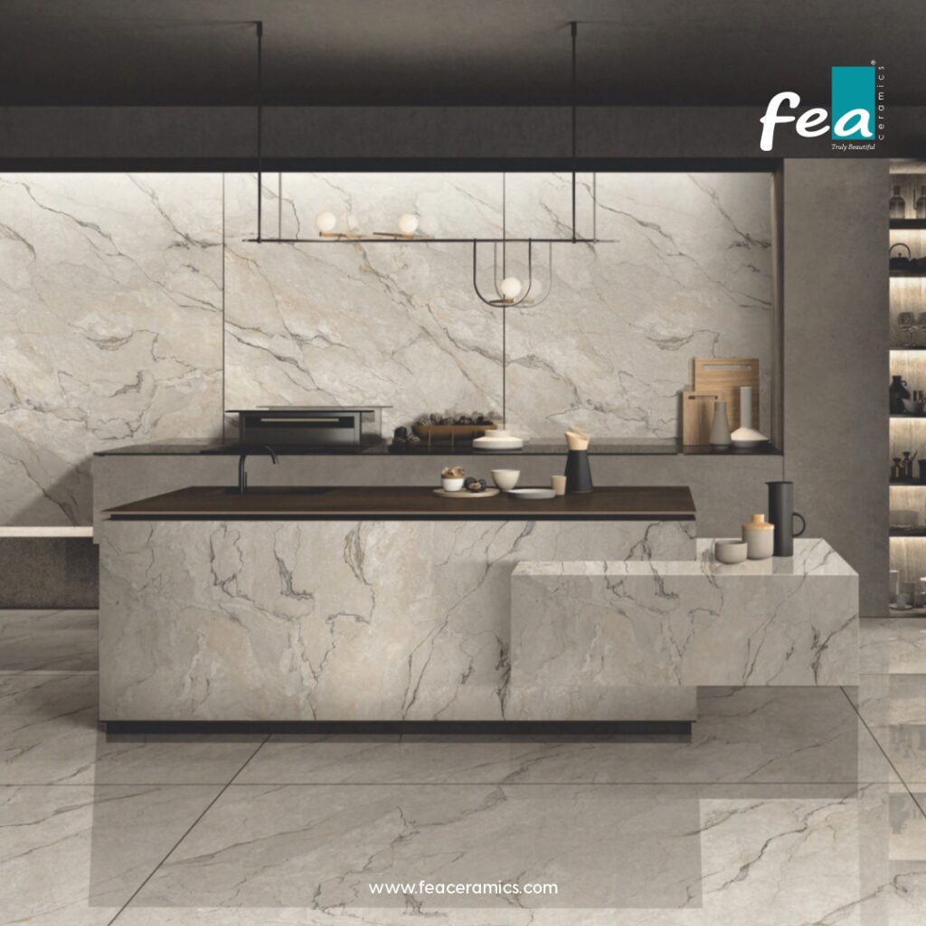 Minimalist slab porcelain tiles from FEA Ceramics for modern living spaces.