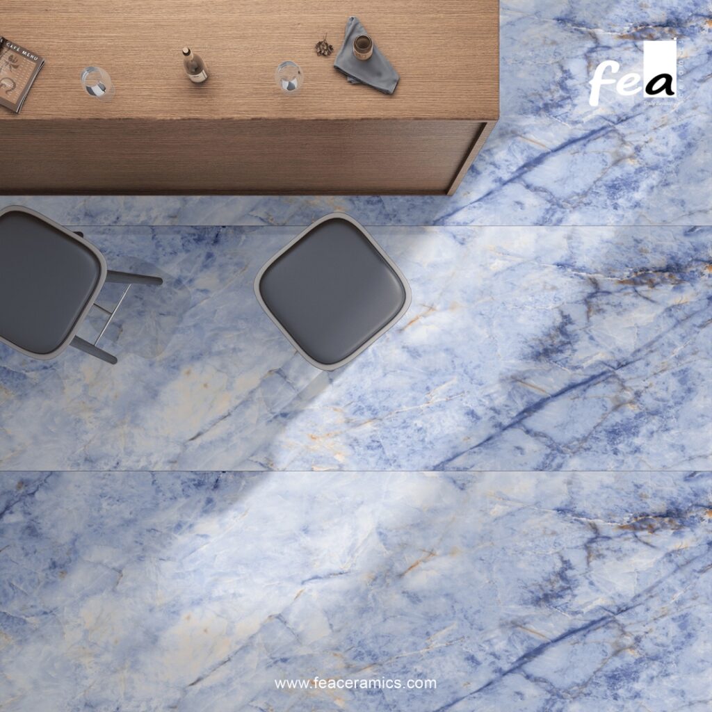 Large format porcelain slab tile by Fea Ceramics installed in modern living room