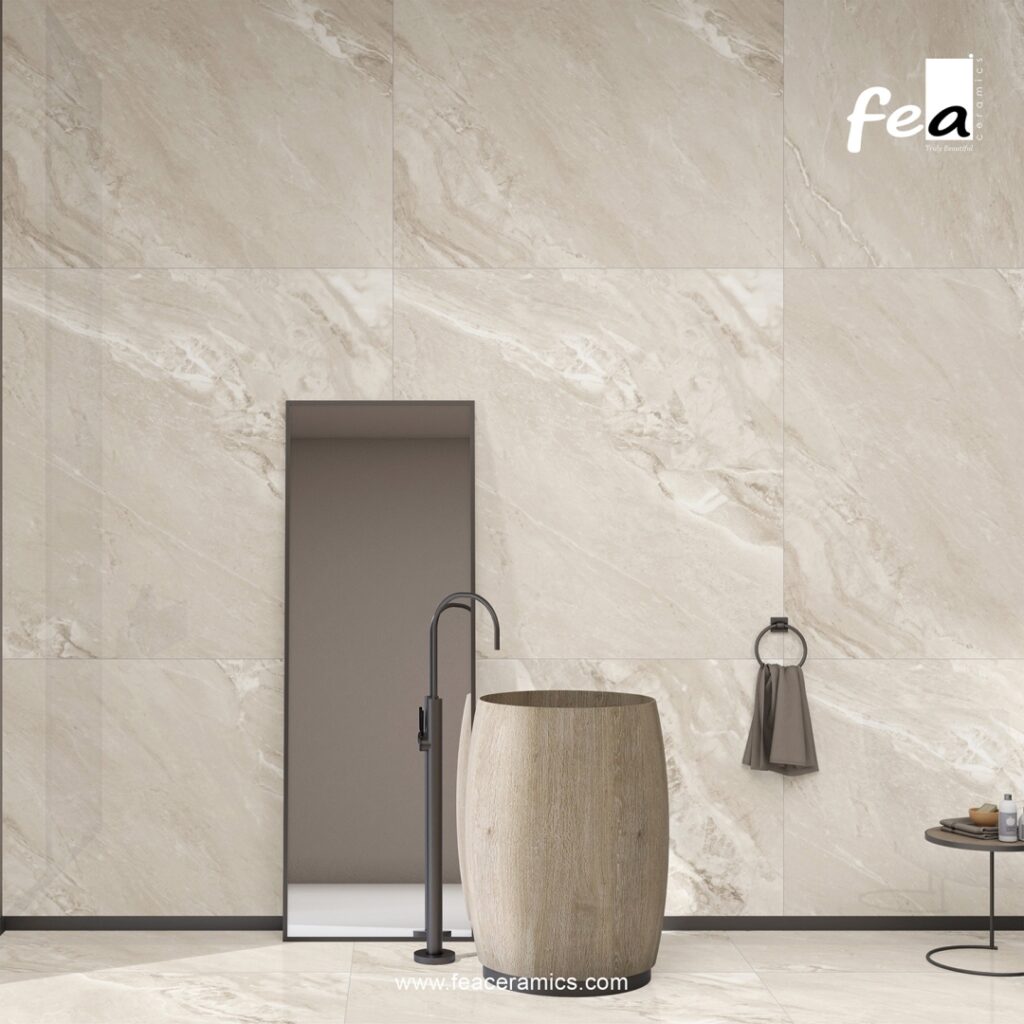 Large format porcelain slab tile by Fea Ceramics installed in modern living room