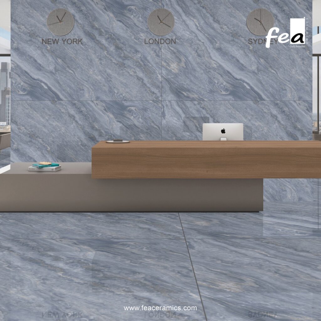 Modern kitchen countertop made with porcelain slab tiles
