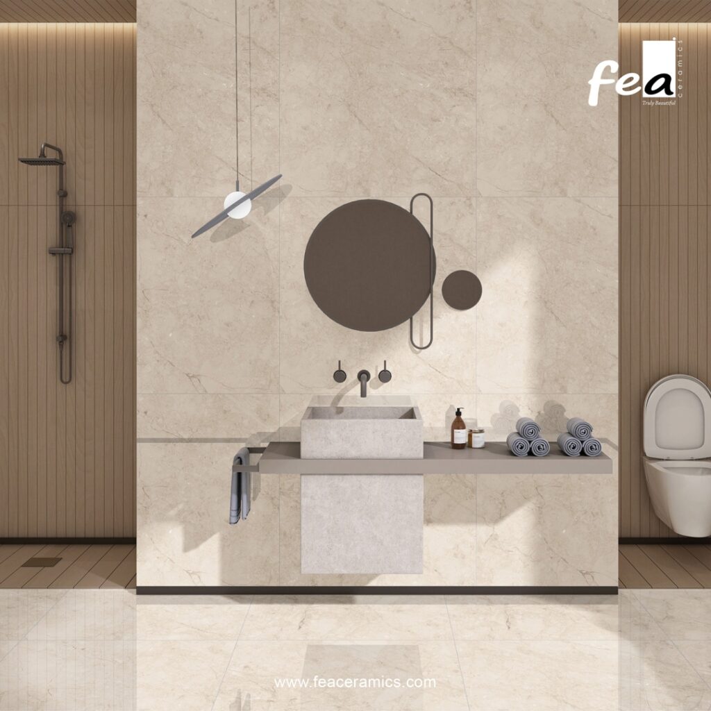 Contemporary bathroom wall with large porcelain slab tile
