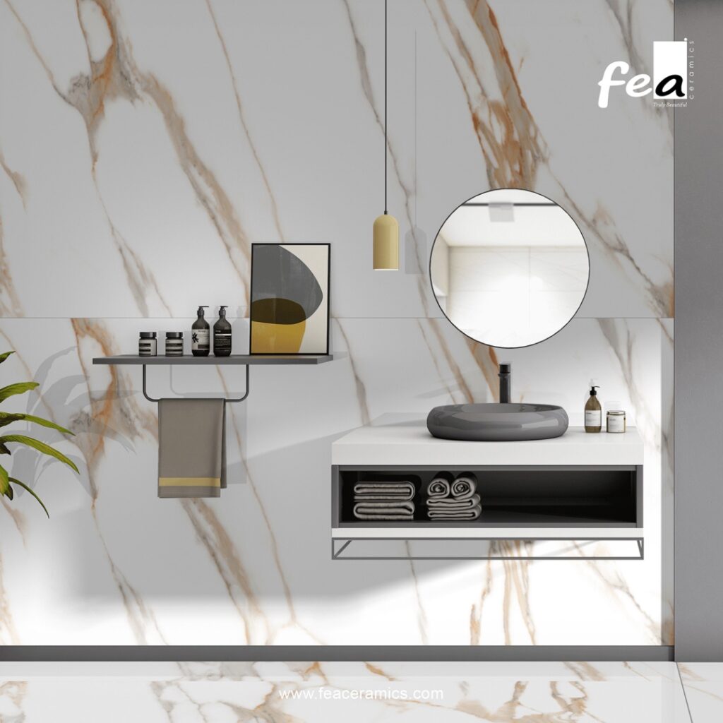 Contemporary bathroom wall with large porcelain slab tile