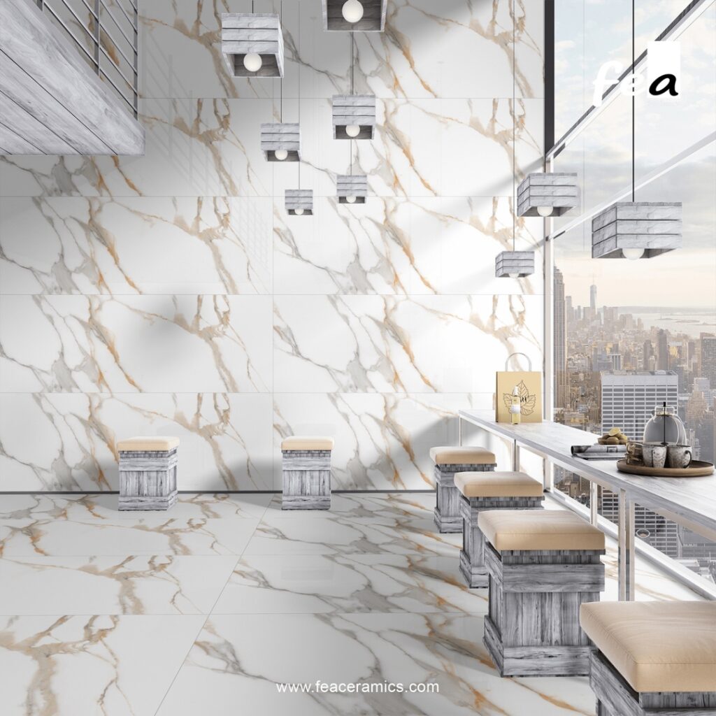 Modern kitchen countertop made with porcelain slab tiles