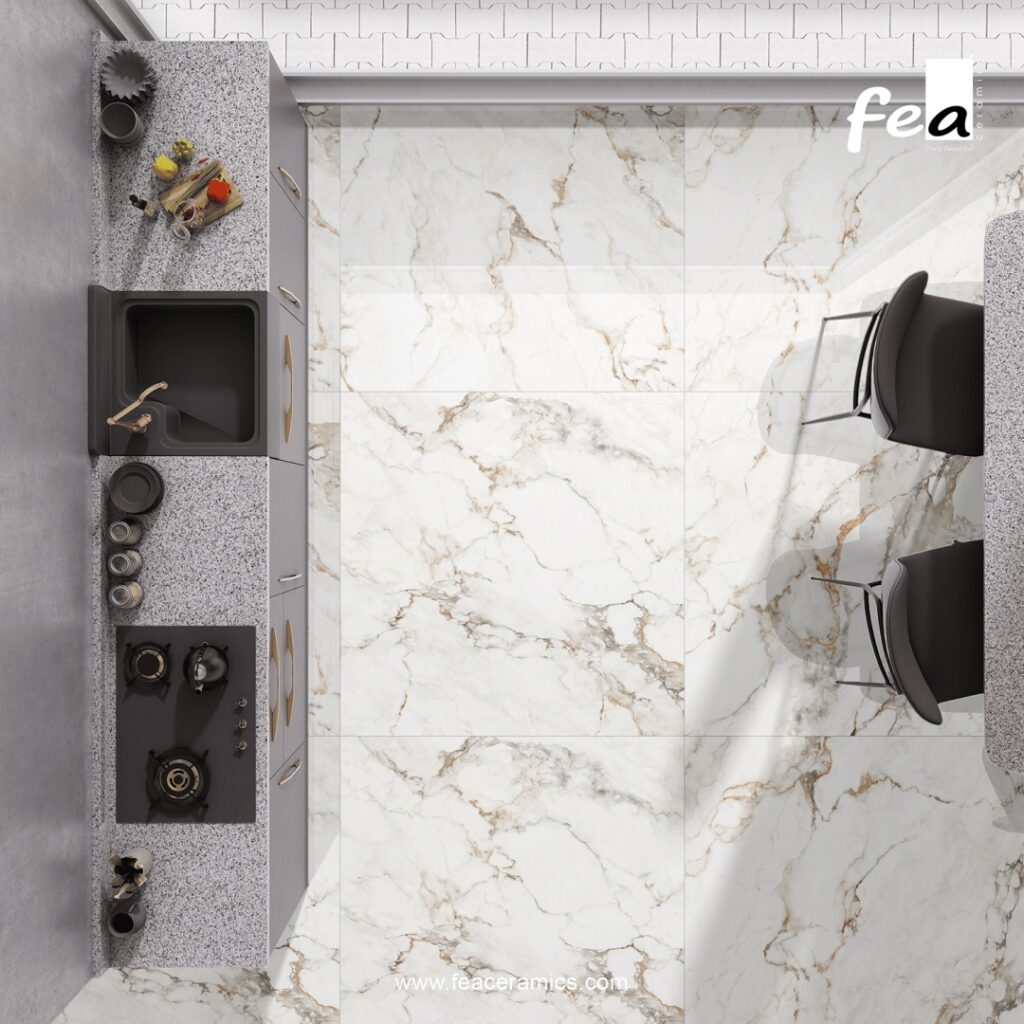 Large format porcelain slab tile by Fea Ceramics installed in modern living room