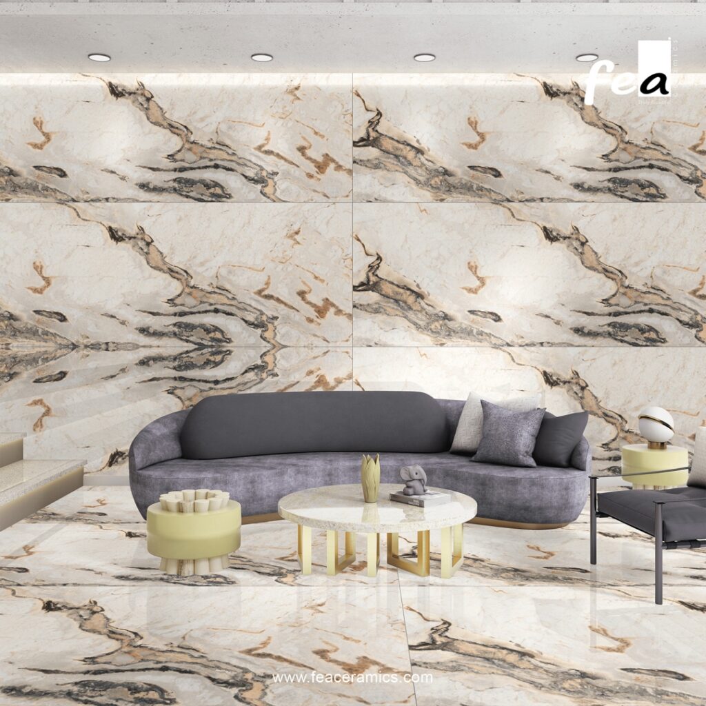 High gloss porcelain slab flooring in luxury interior