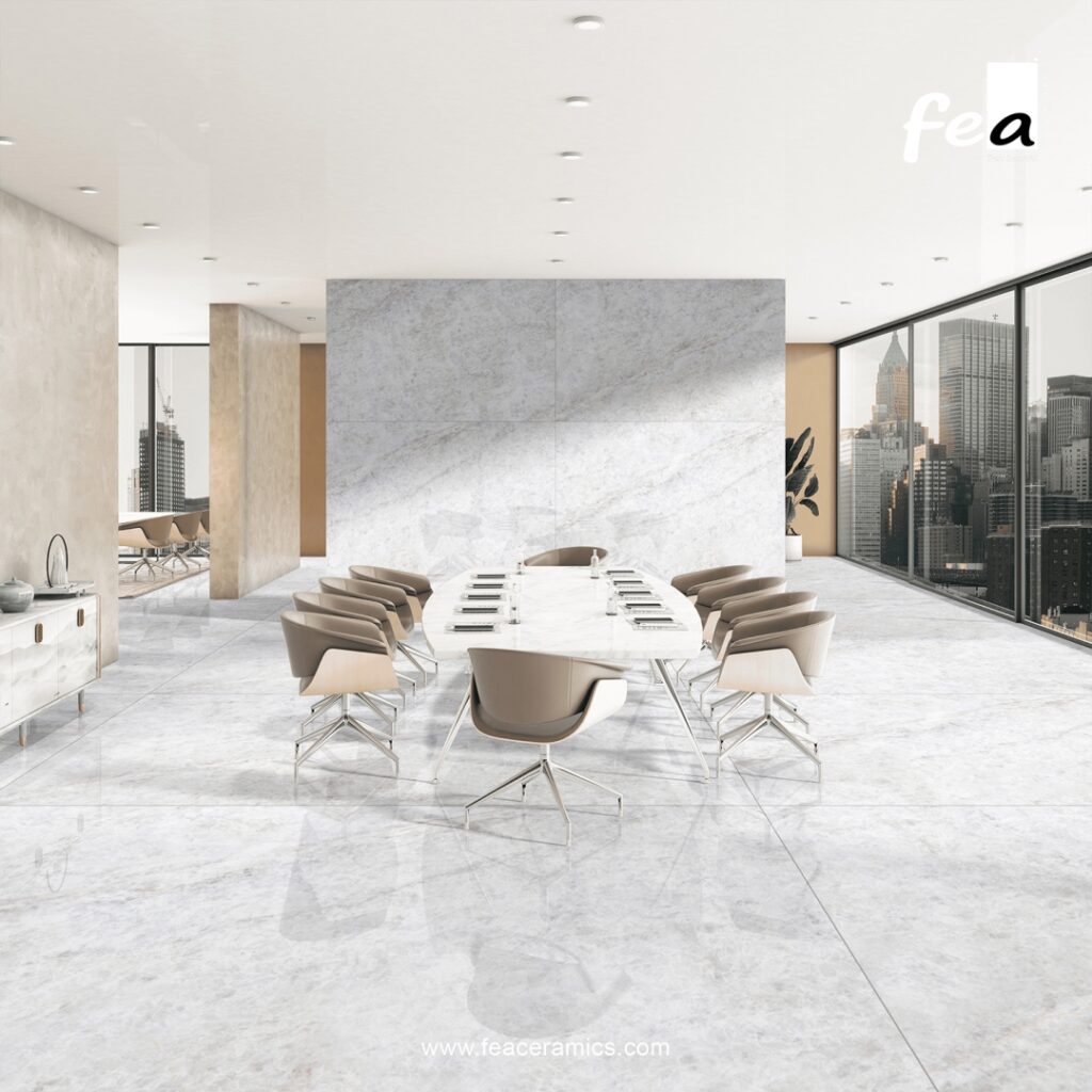 Minimal grout porcelain slab floor installation