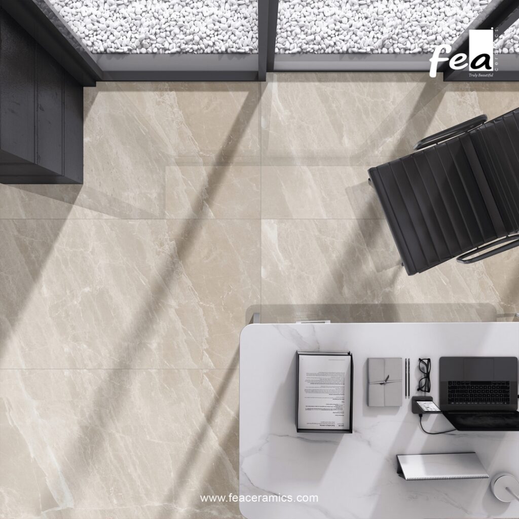 Large format porcelain slab tile by Fea Ceramics installed in modern living room