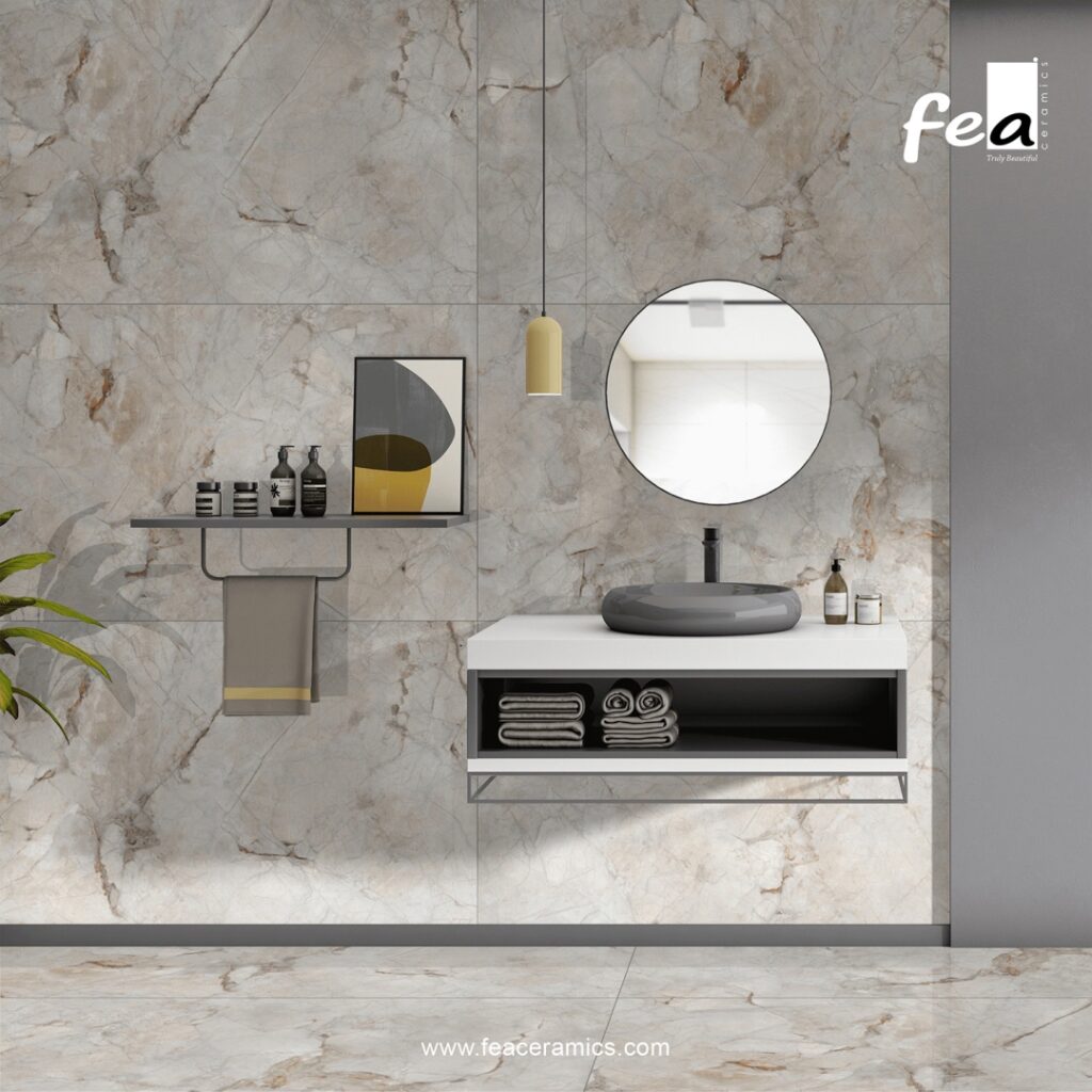 Contemporary bathroom wall with large porcelain slab tile