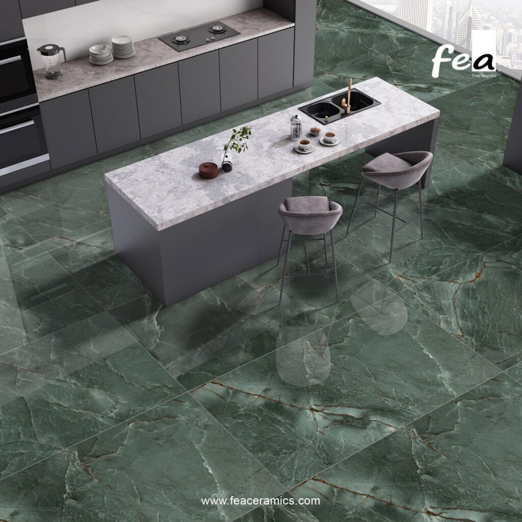 Modern kitchen countertop made with porcelain slab tiles