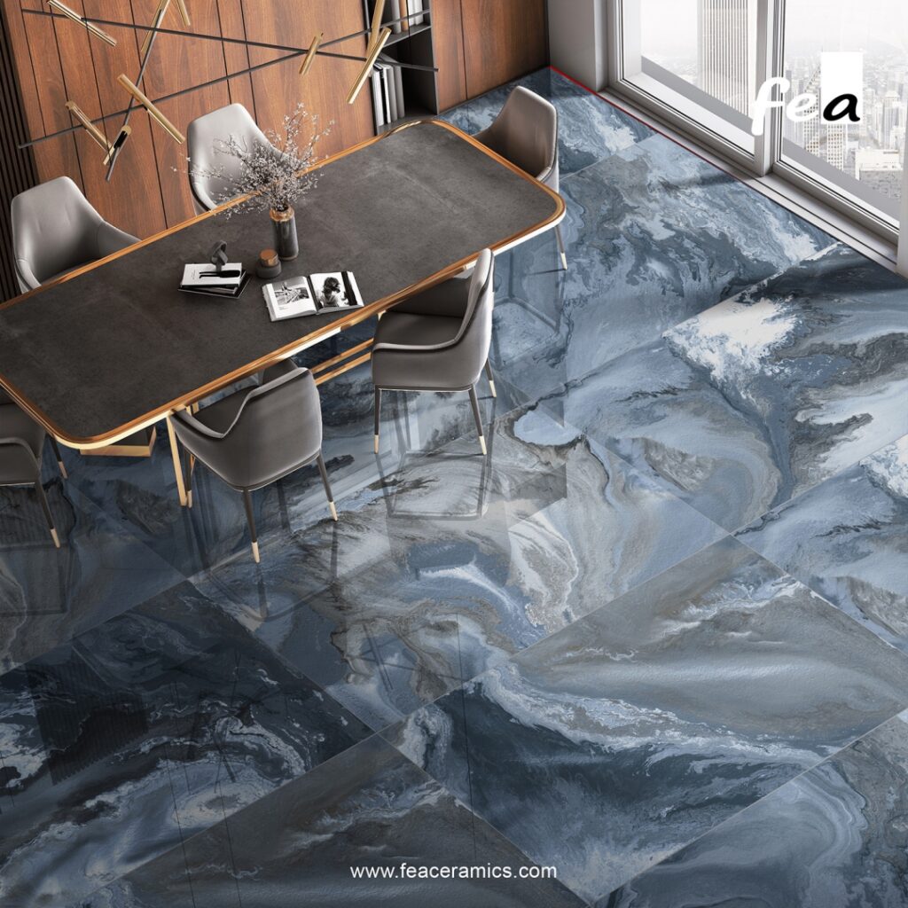 High gloss porcelain slab flooring in luxury interior