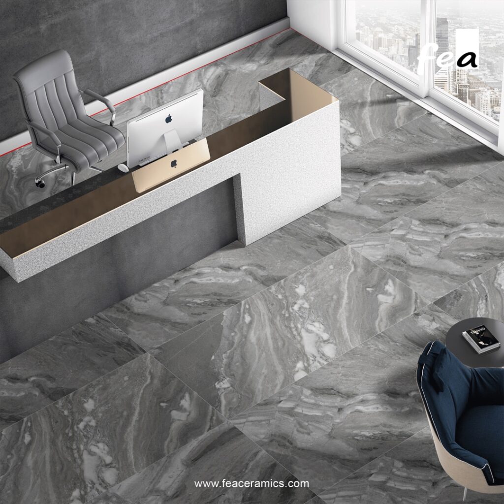 Modern kitchen countertop made with porcelain slab tiles