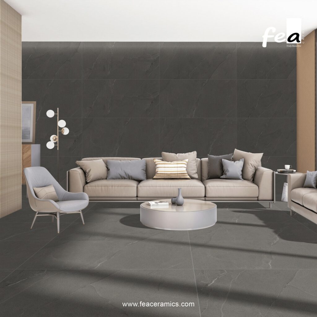 High gloss porcelain slab flooring in luxury interior