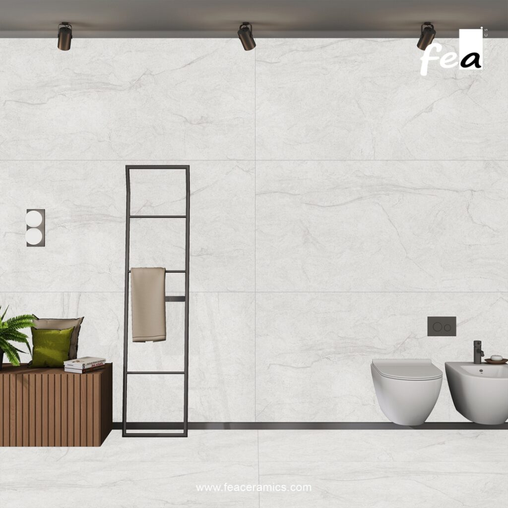 Contemporary bathroom wall with large porcelain slab tile