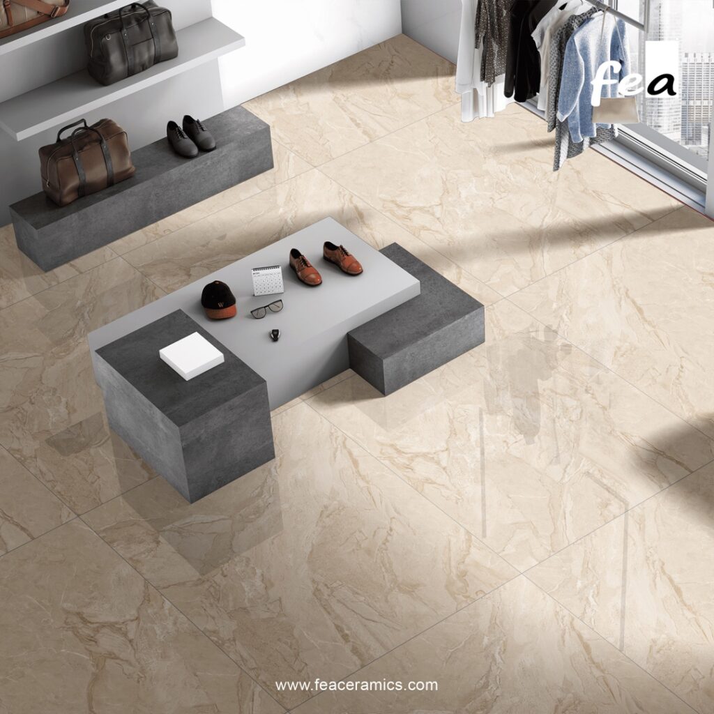 Polished finish porcelain slab tile by Fea Ceramics