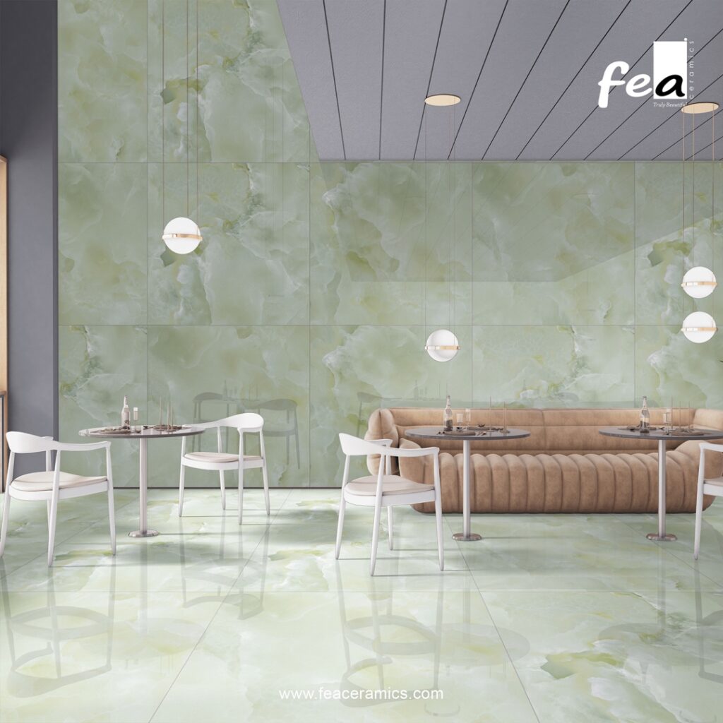 Modern kitchen countertop made with porcelain slab tiles