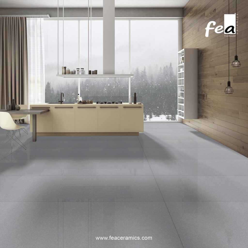 Modern kitchen countertop made with porcelain slab tiles