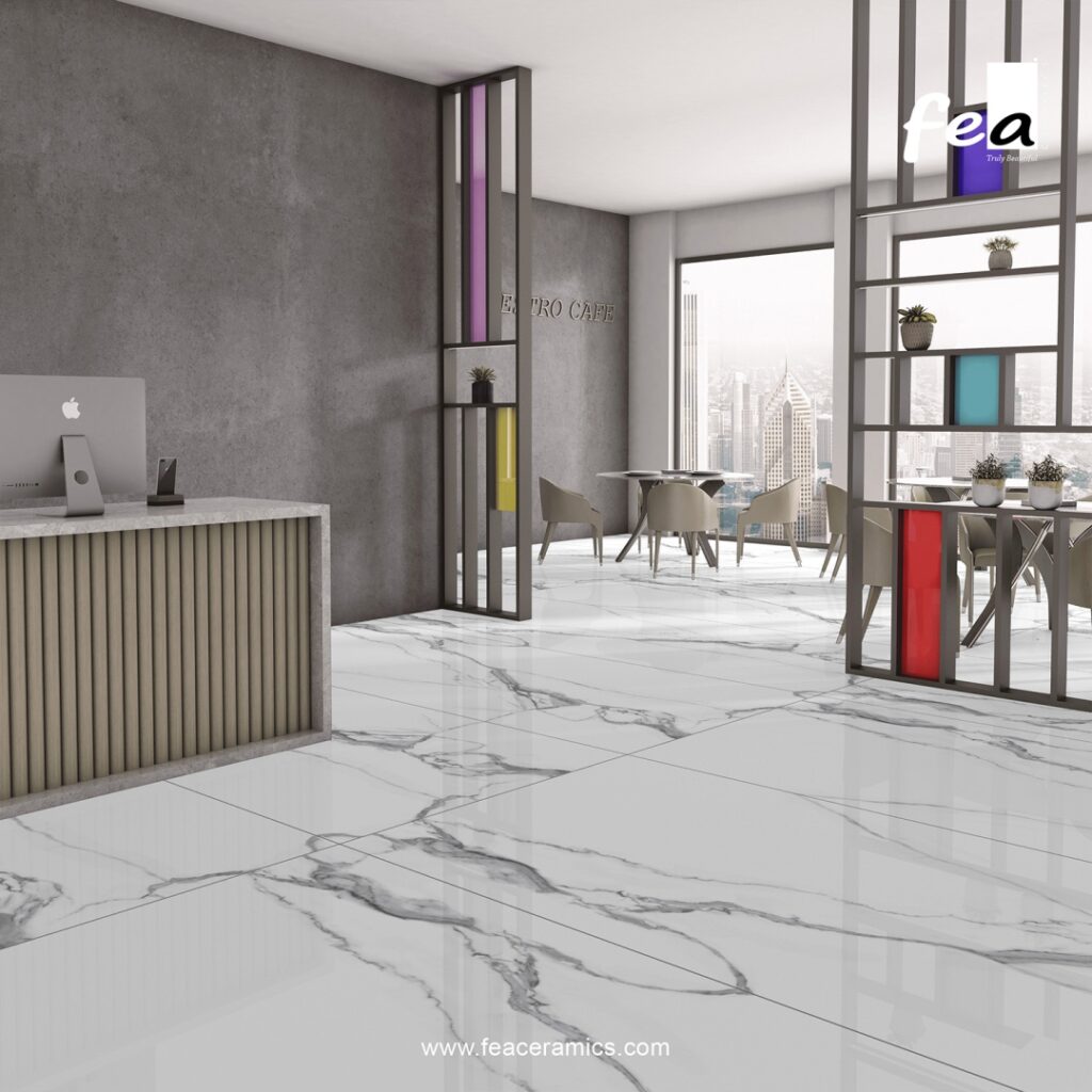 Polished finish porcelain slab tile by Fea Ceramics