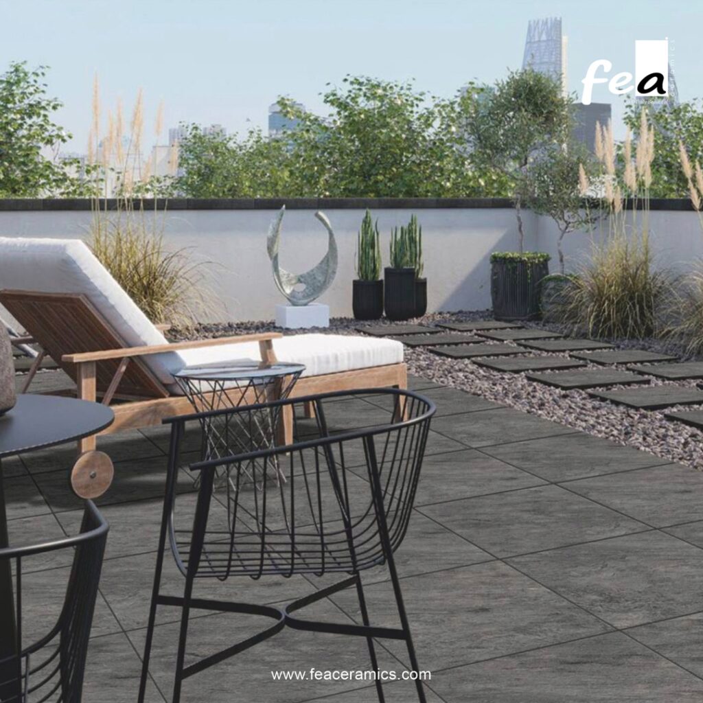 Outdoor parking area tiles with stone finish look