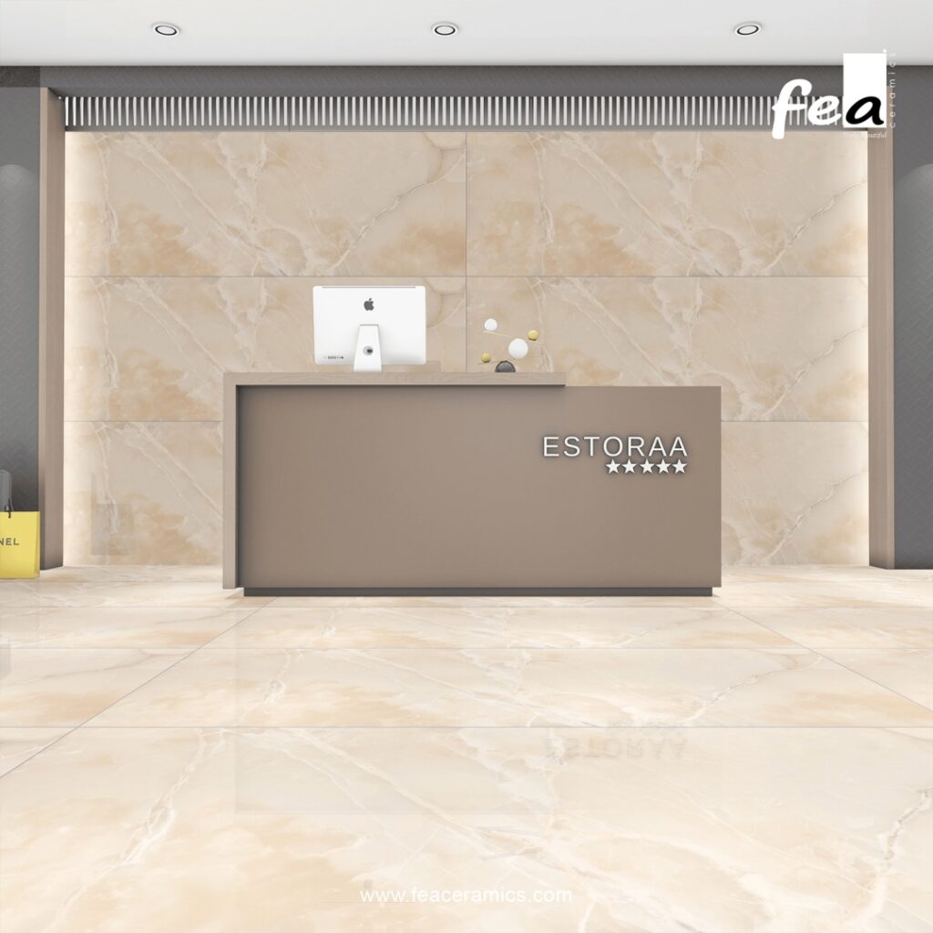 Polished finish porcelain slab tile by Fea Ceramics