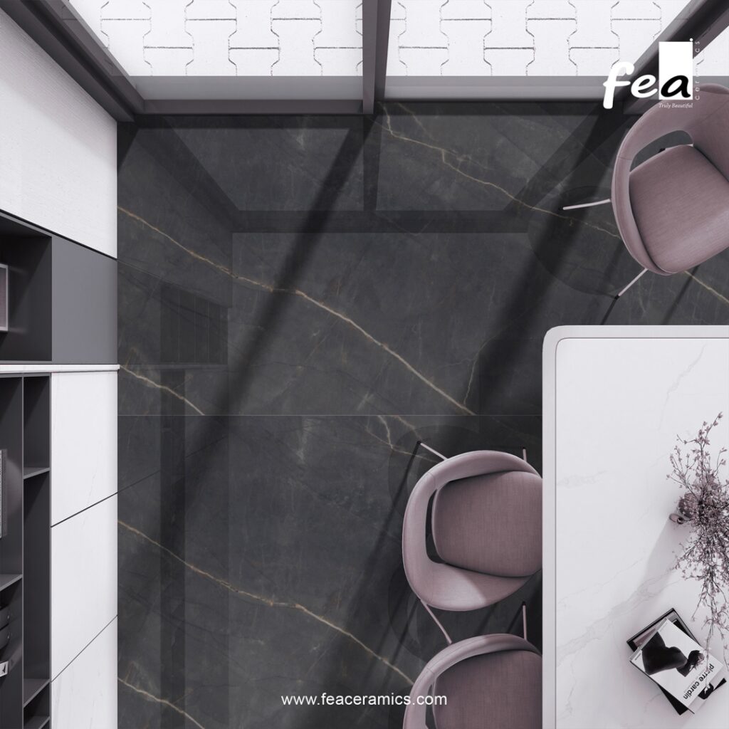 Minimal grout porcelain slab floor installation