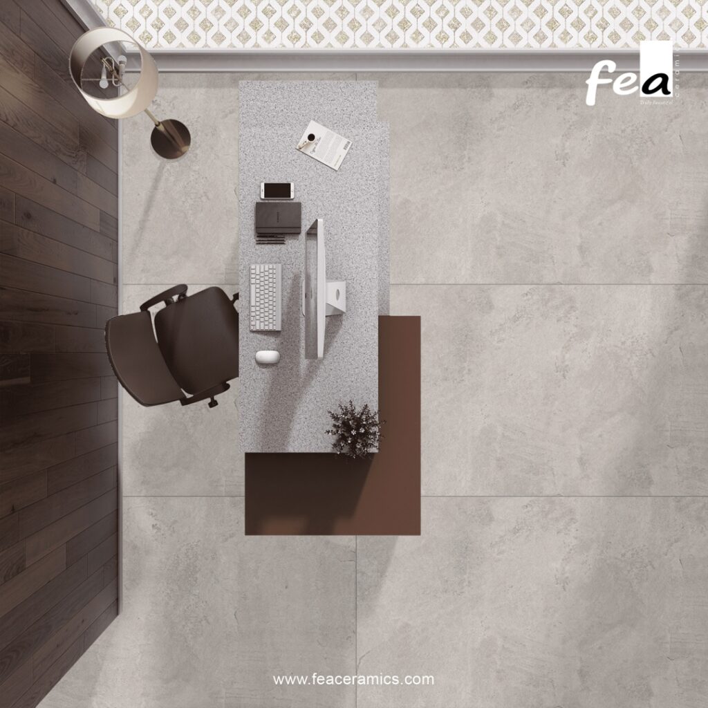 Large format porcelain slab tile by Fea Ceramics installed in modern living room