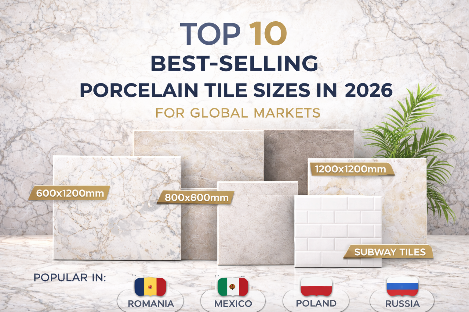 Top 10 best-selling porcelain tile sizes in 2026 including 600x1200mm, 800x800mm, 1200x1200mm, 600x600mm and subway tiles popular in Romania, Mexico, Poland and Russia