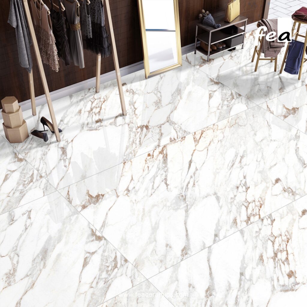 Large format porcelain slab tile by Fea Ceramics installed in modern living room