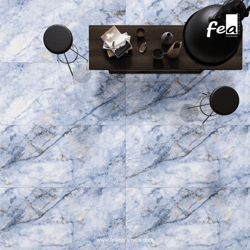 Large format porcelain slab tile by Fea Ceramics installed in modern living room