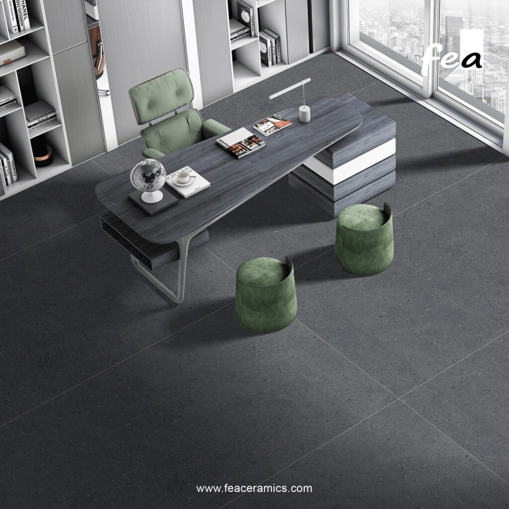 Minimal grout porcelain slab floor installation