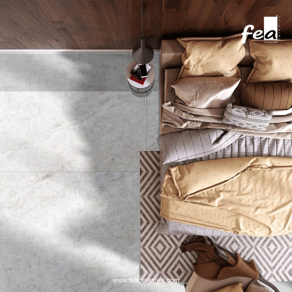 Minimal grout porcelain slab floor installation