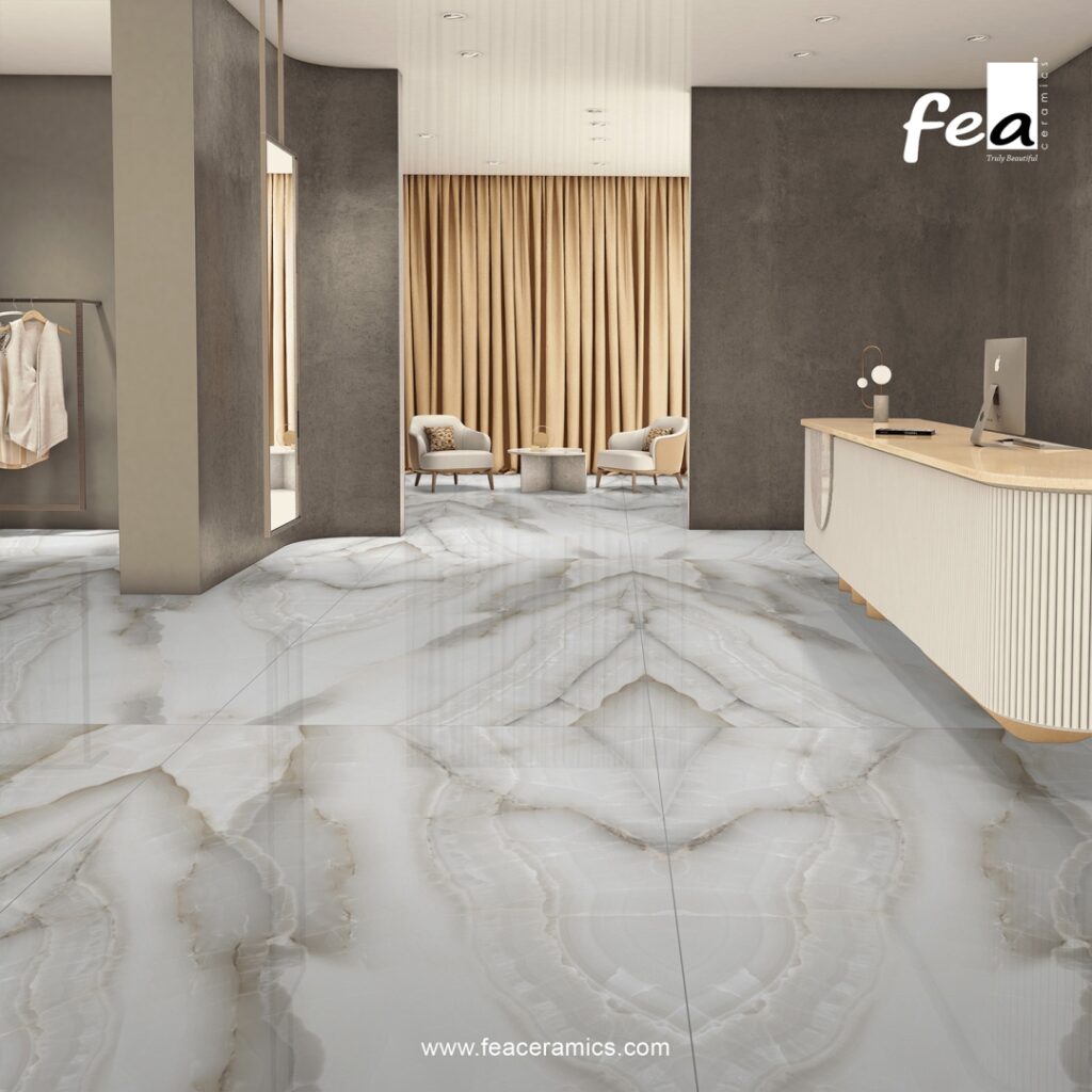 Polished finish porcelain slab tile by Fea Ceramics